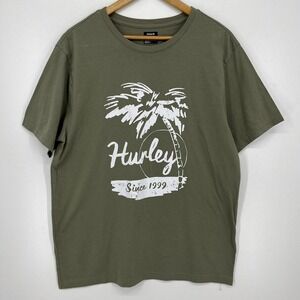 Hurley Mens Graphic T-Shirt Olive Green Palm‎ Tree Surf Tee Large Short Sleeve